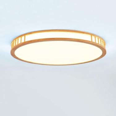 Imagem de Luminária de teto LED com acabamento em madeira, luz branca 6000K, design nórdico plano e redondo, ideal para sala de estar, quarto, cozinha, restaurante, corredor, iluminação interna de 60