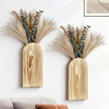 Imagem de Conjunto de 2 vasos de parede de madeira com grama de pampa e eucalipto – decoração de parede rústica boho para sala de estar, entrada, corredor ou quarto