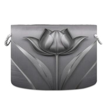 Imagem de JUZIHAI Cesta de armazenamento dobrável de flores de metal cinza, cesto de roupa suja para bebê, cobertor com alças de corda de algodão, caixa organizadora de armário dobrável para quarto, berçário