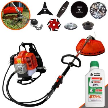 Imagem de Cortador de Grama Costal Terra GRC430 43cc 1,7HP + Facas 2 Pontas, 3 Pontas, 6 Pontas, 40 Dentes, 80 Dentes, Trimmer, Carretel, Escova + ÓLEO STIHL