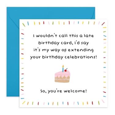 Imagem de Cartão de aniversário atrasado engraçado - celebrações prolongadas, bolo fofo para amigo colega mãe pai irmão irmã primo tia tio sobrinho sobrinha ele sua família - saudações tardias - Vem com