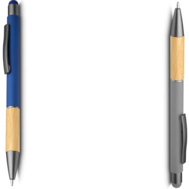 Imagem de Caneta Esferográfica em Alumínio Reciclável com Bambu, Escrita Azul, Ponta Touch, Refil Parker, Executiva (Azul e Prata)