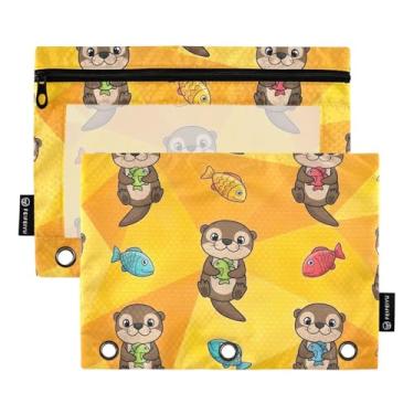 Imagem de Lontras fofas de desenho animado colorido com 3 furos de anel, bolsa de fichário de grande capacidade para escola e escritório, pacote com 2