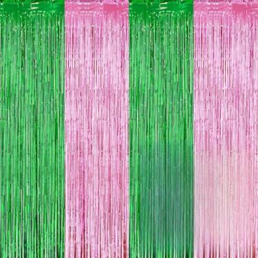 Imagem de Semato 2 peças de cortinas de franja de alumínio rosa e verde pano de fundo, decorações de festa de bruxa, flâmulas de folha de estanho, cortina de fotos