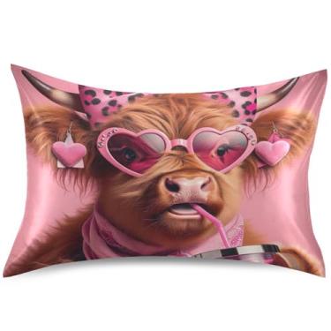 Imagem de Linda capa de almofada de cetim de vaca Highland para dia dos namorados capa de travesseiro padrão King Queen capa de almofada macia de desenho animado, tamanho padrão, 66 cm x 50 cm