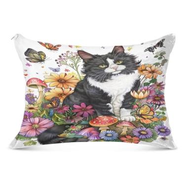 Imagem de Linda fronha de travesseiro de gato e borboletas com flores tamanho king size 50 x 76 cm com zíper macio, capa de travesseiro corporal para cama sofá casa