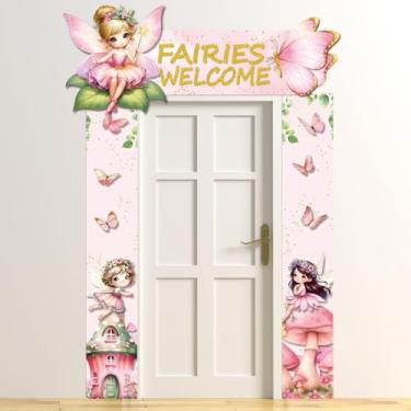 Imagem de Moukeren Decorações de festa de fadas 3 peças de moldura de porta de boas-vindas de primeiro aniversário banner rosa floral recorte placas de jardim com corda para 1º aniversário flor país das