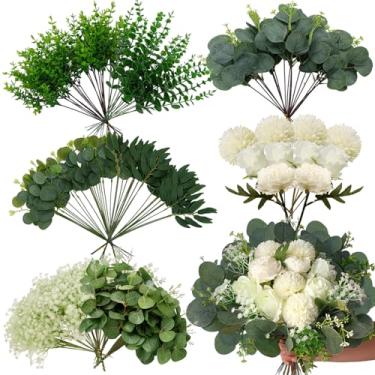 Imagem de Autokcan 150 pacotes de 10 tipos de hastes de vegetação artificial a granel com flores, folhas falsas de eucalipto, galhos de plantas para arranjos florais de casamento, decoração de casa, buquês de