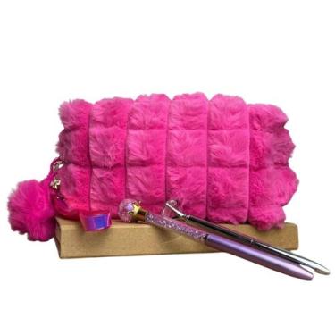 Imagem de Estojo Necessaire Feminino Infantil Escolar Pelúcia Pompom Alça Box Vi