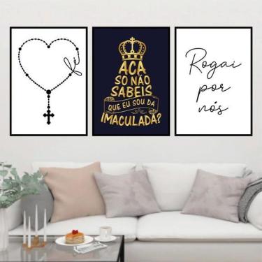 Imagem de Kit 3 Quadros Religiosos Terço Imaculada 45X34 Vidro Preta