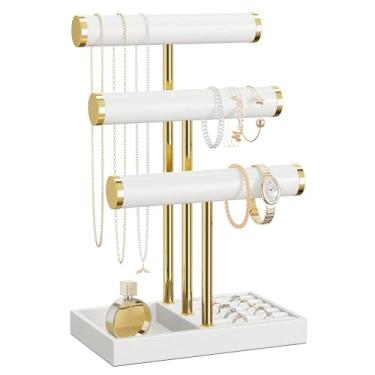 Imagem de bussdis Suporte de pulseira de 3 níveis – Suporte de pulseira de couro branco, organizador de joias destacável em T Bar para pulseira, colar, brincos, anéis, relógios, pulseira