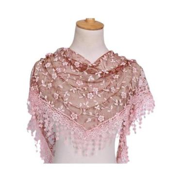 Imagem de Lenço Triangular Feminino 125x36cm Com Borlas, Bordado Floral Em Renda
