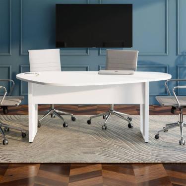 Imagem de Mesa de Reunião Orgânica 180x105cm com Caixa de Tomadas e Pés em Metal Corporate Branco