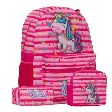 Imagem de Kit Mochila Infantil Menina Juvenil Unicórnio Rosa Reforçada - Toys 2U