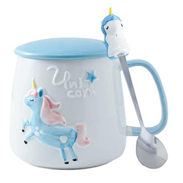 Imagem de seelucky Caneca de balão de ar quente com tampa colher caneca 3D xícara de café cerâmica xícara de chá lua presente de aniversário escritório casa (azul unicórnio, 380 ml)