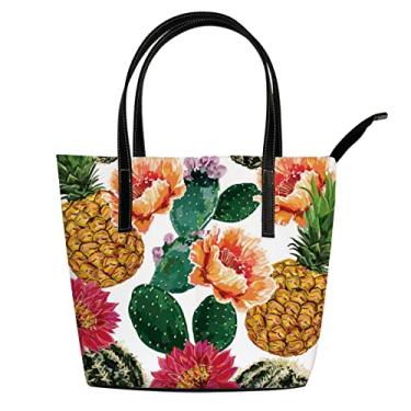 Imagem de Bolsa de ombro para mulheres, abacaxi, cacto, flores, couro, comprador, bolsa de trabalho, grande, casual