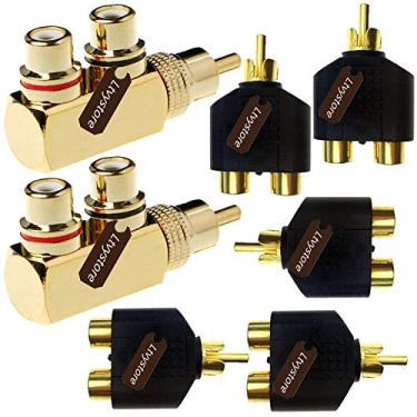 Imagem de Ltvystore 2 peças RCA macho para 2 RCA fêmea plugue de ângulo reto RCA divisor adaptador conector e 5 peças áudio vídeo dourado RCA macho para 2 RCA fêmea adaptador acoplador