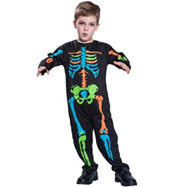 Imagem de BESTOYARD Fantasia infantil esqueleto fantasma caveira colorida assustadora roupa de Halloween crianças Carnaval fantasia cosplay (tamanho G)