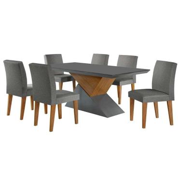 Imagem de conjunto de mesa de jantar retangular com tampo de vidro turmalina e 6 cadeiras grécia linho grafite e imbuia
