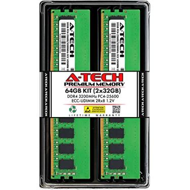 Imagem de A-Tech Kit de servidor de 64 GB (2 x 32 GB) DDR4 3200 MHz PC4-25600 ECC UDIMM 2Rx8 Dual Rank 1,2V ECC DIMM sem buffer 288 pinos Módulos de atualização de memória RAM para servidor e estação de