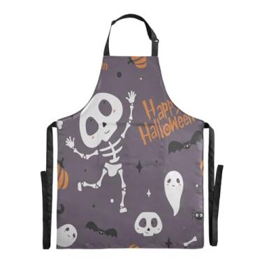Imagem de GuoChe Aventais de chefs roxos de caveira Happy Halloween para homens aventais para mulheres com bolsos avental de cozinha, Feliz Dia das Bruxas, caveira, abóboras, roxo, 1 size