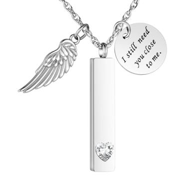 Imagem de XIUDA Joias de cremação para cinzas com pingente de asa de anjo colar de urna de barra vertical de aço inoxidável pingente de lembrança para mulheres, Aço inoxidável, Sem Pedra Preciosa