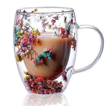 Imagem de Myhiju Canecas de café de vidro transparente de parede dupla com alça de flores copo de vidro duplo isolado para bebidas quentes e frias, cappuccino, latte, suco de café expresso