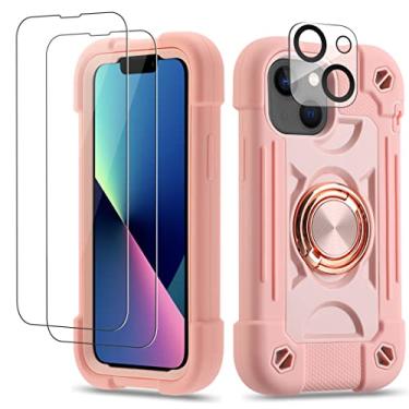 Imagem de Cookiver Capa para iPhone 13 Mini/iPhone 12 Mini de 5,4 polegadas com suporte de anel, com 2 películas de vidro + 1 pacote de protetor de lente de câmera, capa resistente de grau militar (rosa)