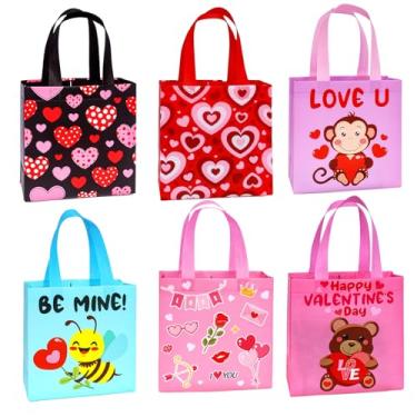 Imagem de 24 peças de sacolas de presente de dia dos namorados, reutilizáveis, não tecidas, sacolas de presente de dia dos namorados, sacos de presente de coração com alças para lembrancinhas de festa infantil,