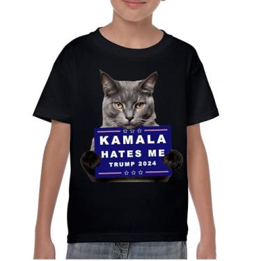 Imagem de Kamala Hates Me Trump 2024 Camiseta juvenil engraçada gato republicano animal de estimação anti Harris Vote vermelho MAGA Kitten 47 Fight Kids, Preto, M