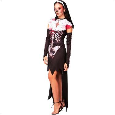 Imagem de Fantasia Halloween Feminina Freira Terror Zumbi Esqueleto Com Véu de N