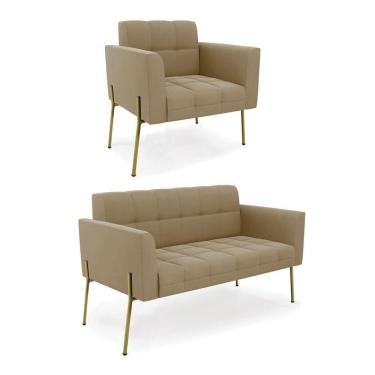 Imagem de Sofá Namoradeira E Poltrona Pé De Ferro Dourado Elisa Suede D03 - D`rossi Cor Marrom Rato