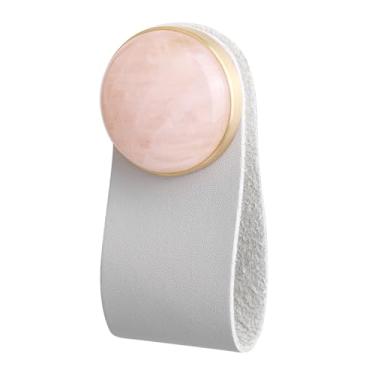 Imagem de Rockcloud Pacote com 2 puxadores redondos de quartzo rosa com couro cinza, alça circular polida para armários, cômodas, banheiro, decoração de escritório em casa