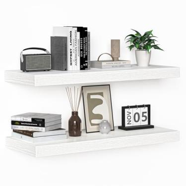 Imagem de Prateleiras flutuantes – Conjunto de 2 prateleiras de parede de madeira rústica – Prateleira de armazenamento montada na parede com suportes invisíveis – Extra profunda e espessa para sala de estar, quarto, cozinha, casa de fazenda – 61 cm C x 23 cm P – Branco