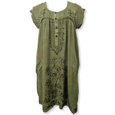 Imagem de Vestido Curto Indiano com Bolso, Botões e Bordado Plus Size - Sarat Mo