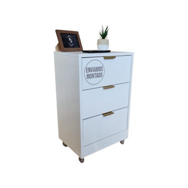 Imagem de Mesa de Cabeceira Para Quarto 3 Gavetas Gaveteiro Organizador Branco Para Escritório (Com Rodinhas, Puxador Dourado)