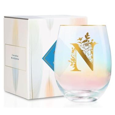 Imagem de Onebttl Presentes de vinho personalizados para mulheres, taça de vinho sem haste fofa com iniciais, presentes com monograma para amantes de vinho em aniversários de Natal, N