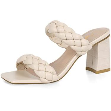 Imagem de Athlefit Sandálias femininas trançadas de salto com tiras quadradas abertas sem costas mules salto bloco sem cadarço, Bege, 7