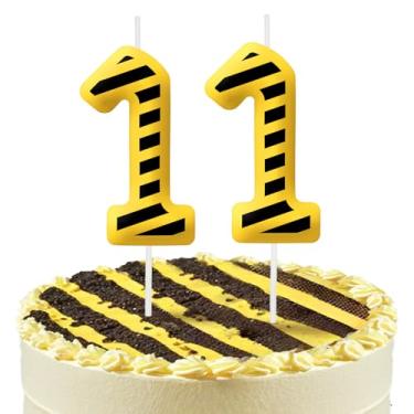 Imagem de Velas com números de aniversário de 11 anos, decorações de topo de bolo número 11 para festas temáticas listradas amarelas e pretas, velas de bolo de aniversário para meninos e meninas, suprimentos de