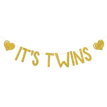 Imagem de Faixa It's Twins para meninas e meninos, glitter dourado, faixa de aniversário Double the Love Twins, chá de bebê gêmeos, Oh Babies, suprimentos de decoração de festa revelação de gênero