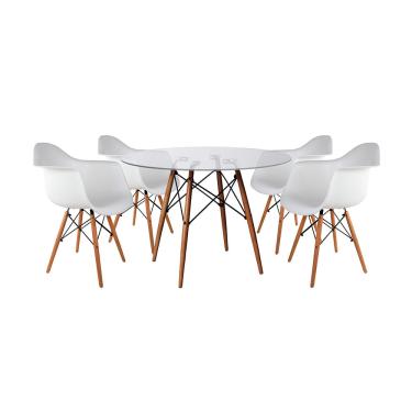 Imagem de Mesa Sala de Jantar Eiffel Eames Redonda Vidro 90cm com 4 Poltronas Brancas Base Madeira Maciça