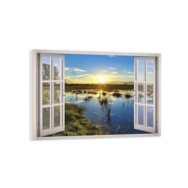 Imagem de Impressões de arte de parede em tela com vista de janela falsa - imagem de paisagem de arte da natureza - Pintura do lago do pôr do sol para sala de estar pronta para pendurar tela embrulhada 20x30 cm