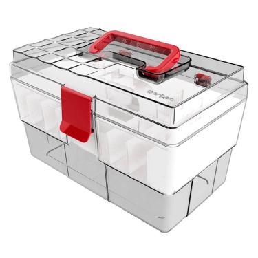 Imagem de Maleta Organizadora Crippa Multiuso Remédios Itens Odontológicos Maquiagem Transparente e Vermelho