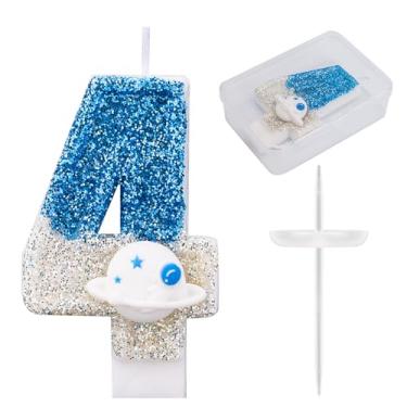 Imagem de Vela de aniversário com tema espacial, vela com número de astronauta, nave espacial, topo de bolo, universo, perfeito, foguete, nave espacial, decorações de bolo e lembrancinhas de festa (número 4)