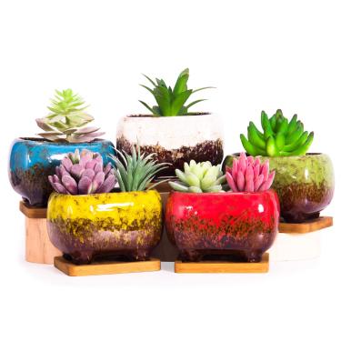 Imagem de ARTKETTY Vasos Suculentos - Plantadores Suculentos de Cerâmica de 4,7" com Conjunto de 5 de Drenagem, Vasos Retangulares de Bonsai com Bandejas de Bambu Pequenos Vasos para Plantas de Flores de Cactos