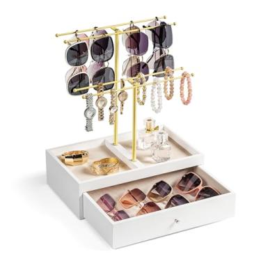 Imagem de Emfogo Organizador de óculos de sol, suporte de óculos de 2 camadas para 20 pares de óculos, expositor de óculos de sol com gaveta de madeira, suporte de óculos para mesa de cabeceira, mesa, cômoda