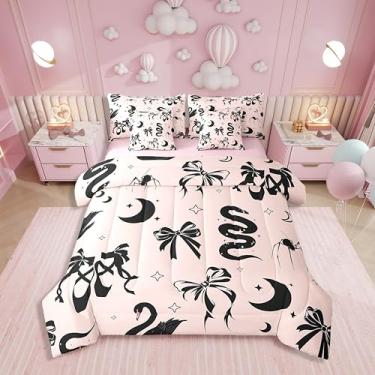 Imagem de Erosebridal Jogo de cama kawaii com laço em uma bolsa, conjunto de cama de 7 peças, conjunto de cama de lua e estrelas, inclui edredom, conjunto de lençóis, fronhas e fronhas para todas as estações