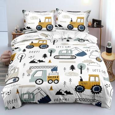 Imagem de Holiyjog Conjunto de capa de edredom de construção completa - conjunto de capa de edredom de caminhão com trator e estampa de carros - jogo de cama solteiro de caminhão monstro com fronhas - decoração