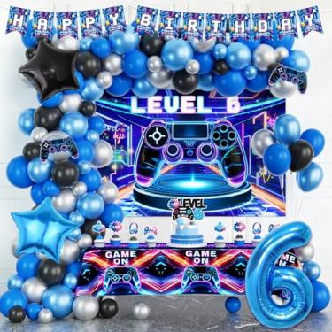Imagem de Costova Decorações De 6º Aniversário Videogame, Para Meninos, Cenário Com Tema Jogador, Balões Azuis, Nível 6, Banner, Toalha Mesa, Topo Bolo Suprimentos Festa 6 Anos