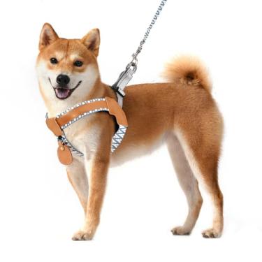 Imagem de Peitoral para cães de poliéster e couro genuíno com tiras refletivas, colete leve com suporte AirTag para cães de tamanho grande, colete ajustável para animais de estimação com coleira para cães